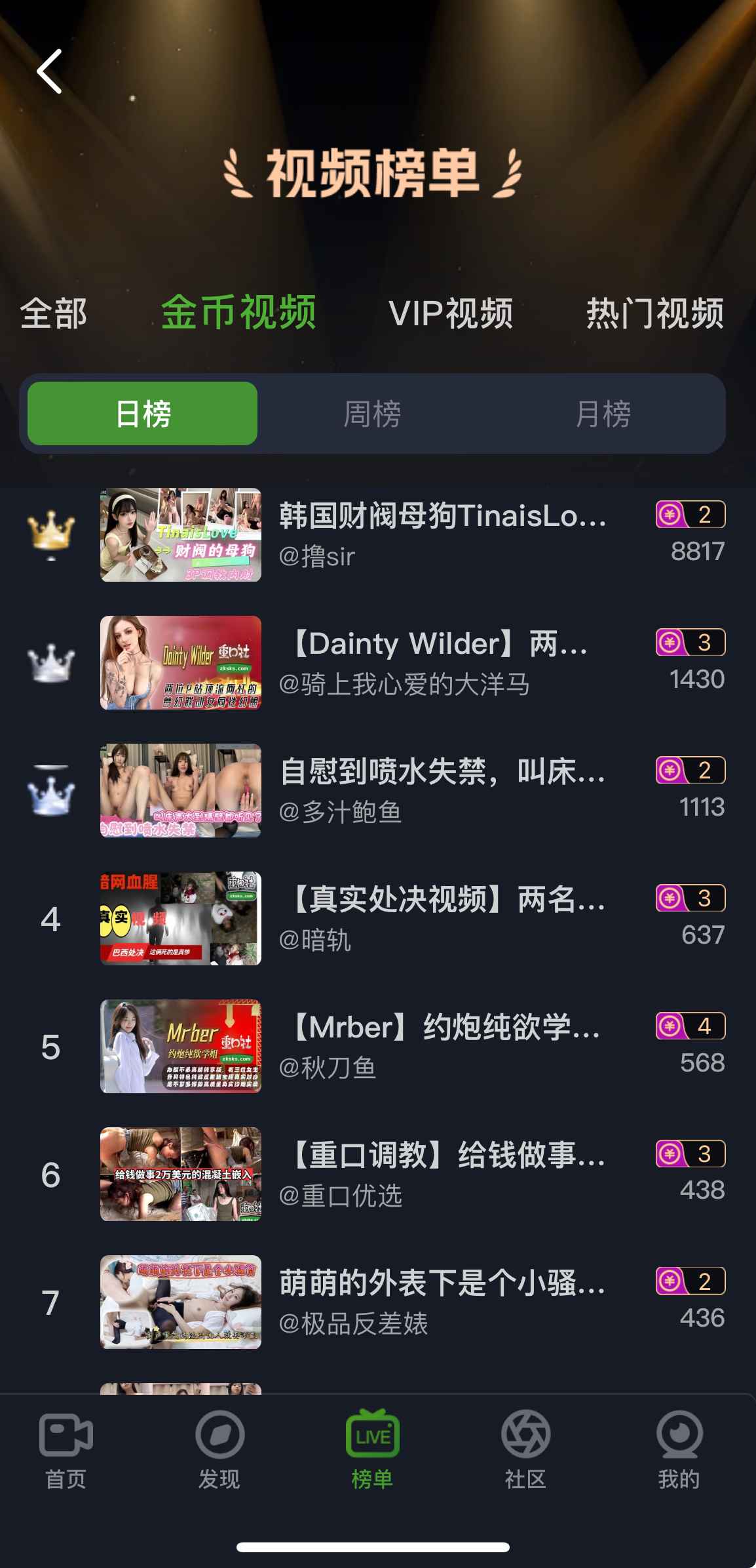 重口社APP金币视频榜单界面